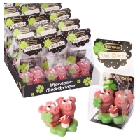 Lucky marzipan pig couple on clover leaf, small