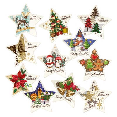 12 pcs Decor plaque star  Frohe Weihnachten , assorted 